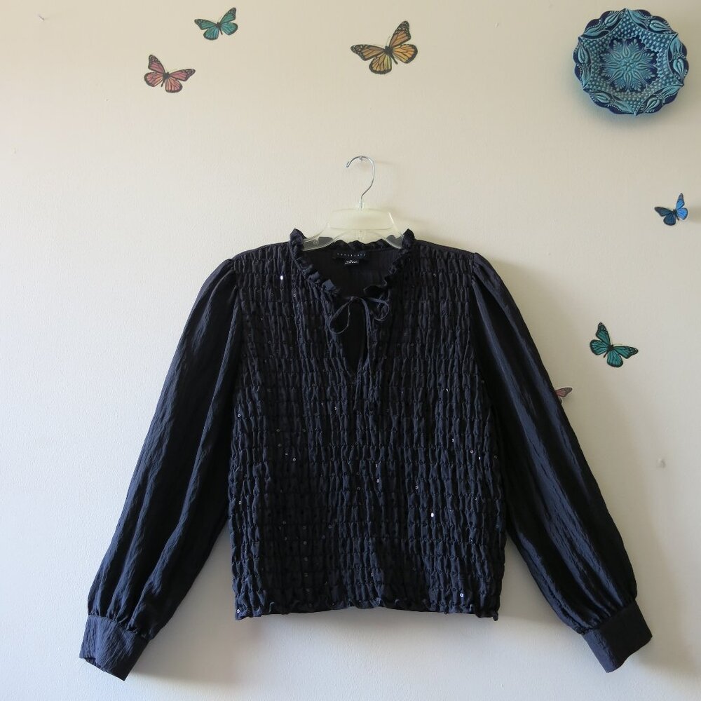Sanctuary Black Balloon Sleeves Sequins Boho Smocked Feminine Blouse Size XL